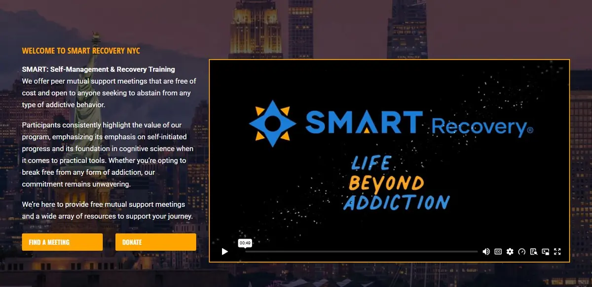 SMART Recovery NYC homepage hero with welcome text, Find a Meeting and Donate buttons, and an embedded intro video