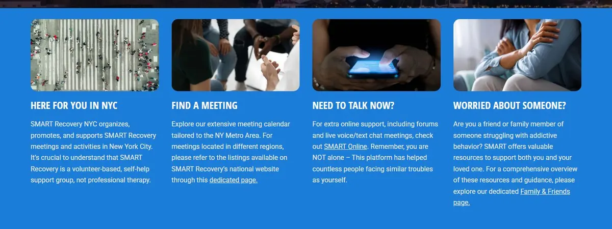 Four-column band with photos and short guides: Here for You in NYC, Find a Meeting, Need to Talk Now?, Worried About Someone?