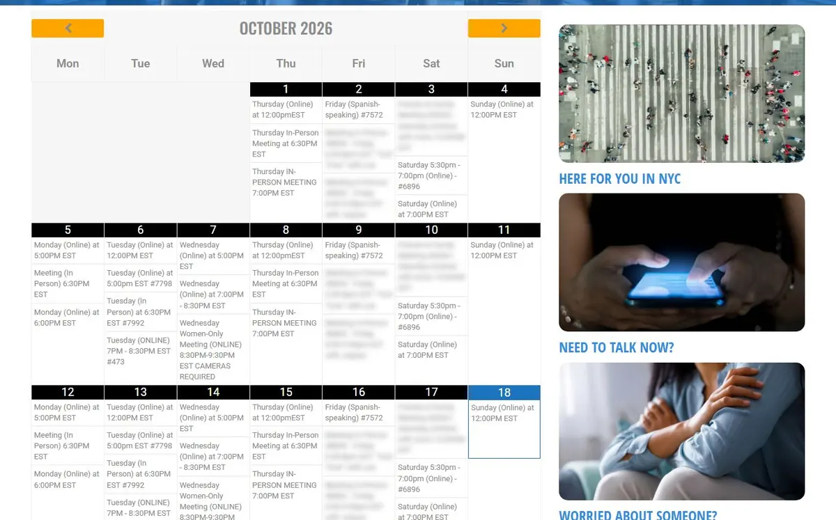 Monthly meeting calendar listing online and in-person SMART Recovery meetings by day, with facilitator names blurred
