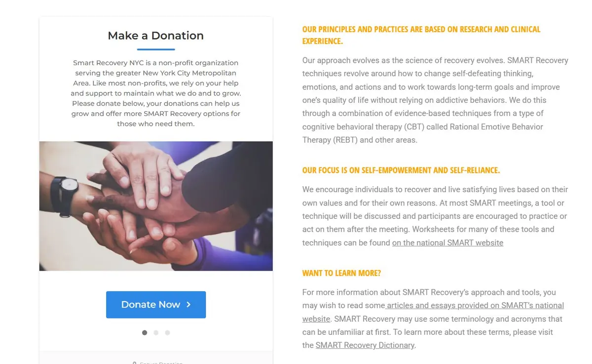 Support SMART NYC page with a Make a Donation form and Donate Now button beside text about SMART's approach