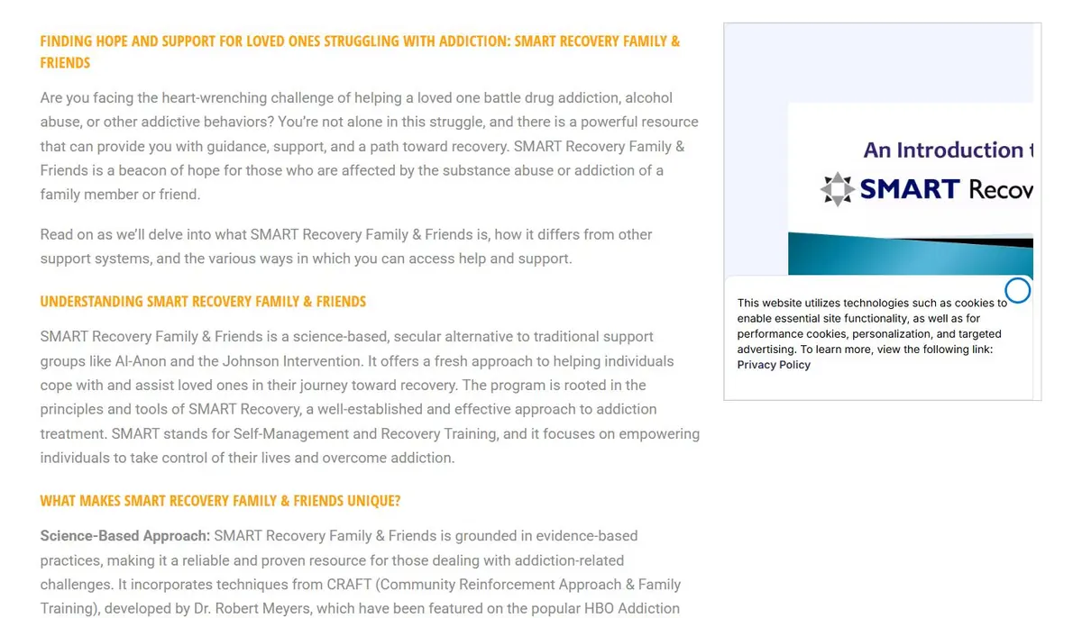 Help for Family & Friends page with headings explaining SMART Recovery Family & Friends and an embedded slide presentation