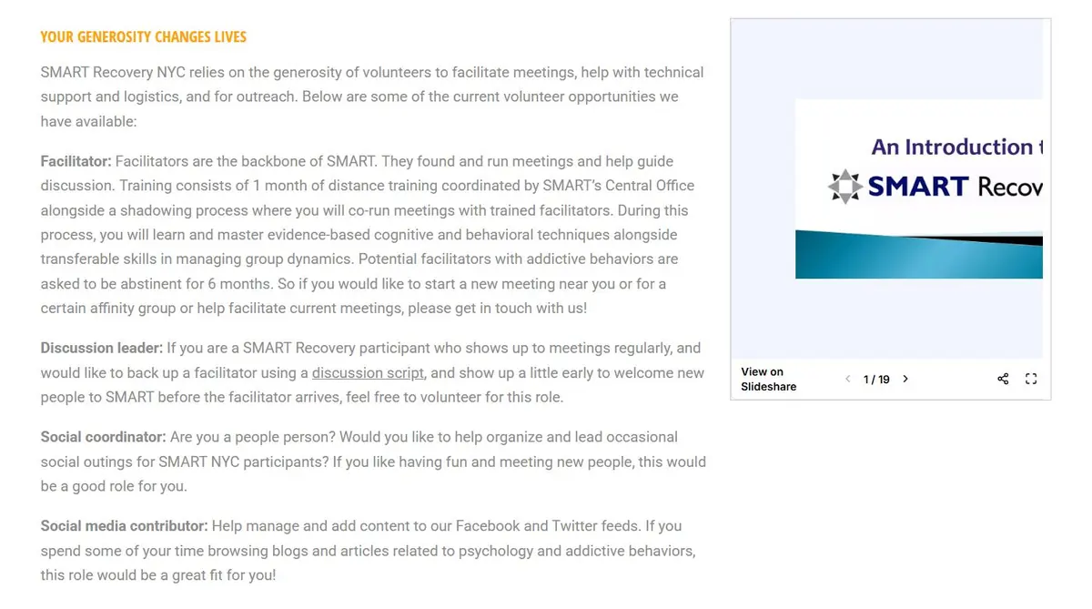 Volunteer Opportunities page listing roles such as Facilitator, Discussion leader, Social coordinator and Social media contributor