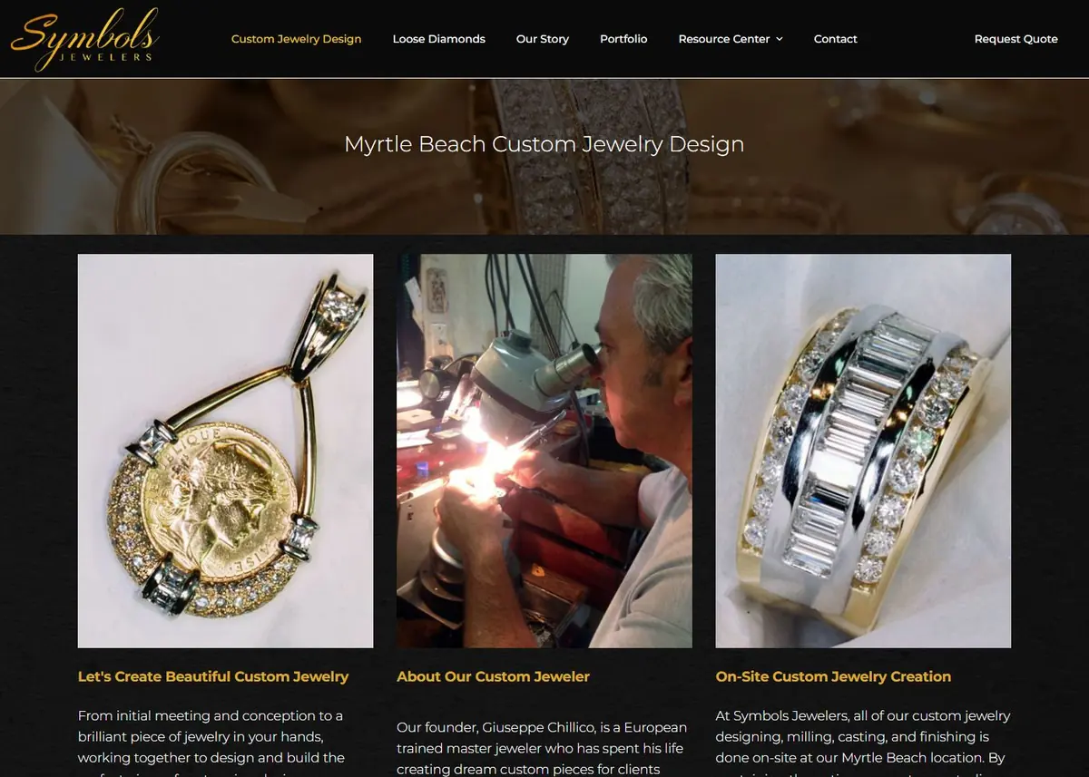 Myrtle Beach Custom Jewelry Design page with three photo panels: a finished pendant, the jeweler at work, and a diamond ring