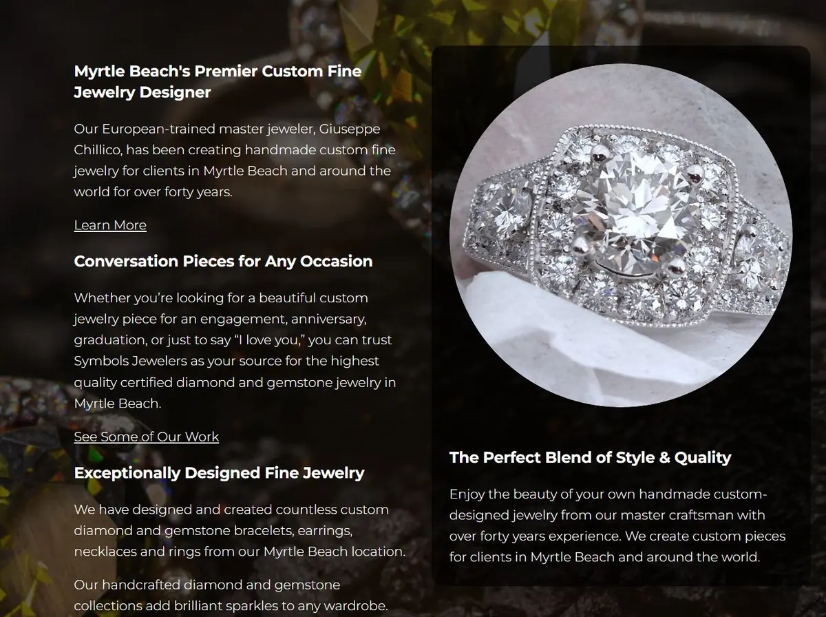 Homepage section titled Myrtle Beach's Premier Custom Fine Jewelry Designer with a large diamond ring photo