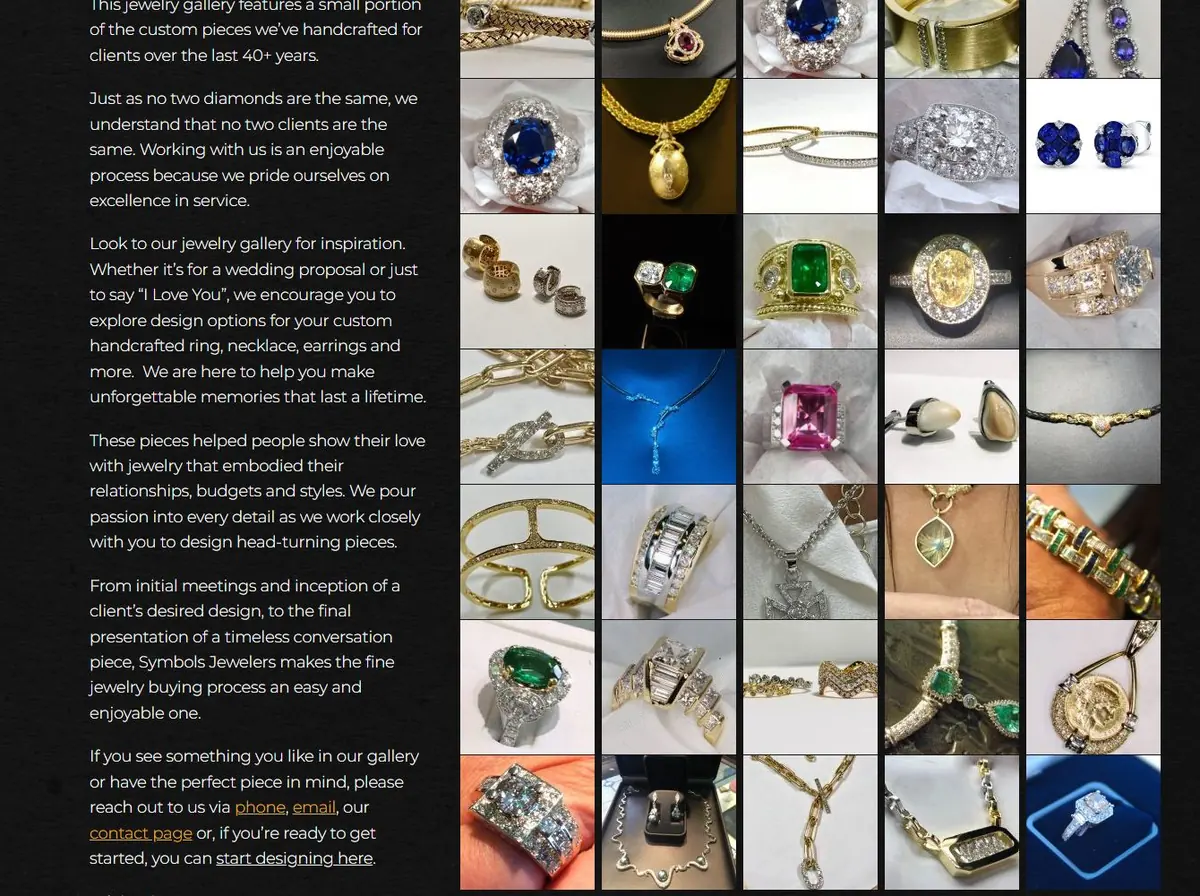 Jewelry Gallery page with a grid of custom rings, pendants and bracelets beside introductory text