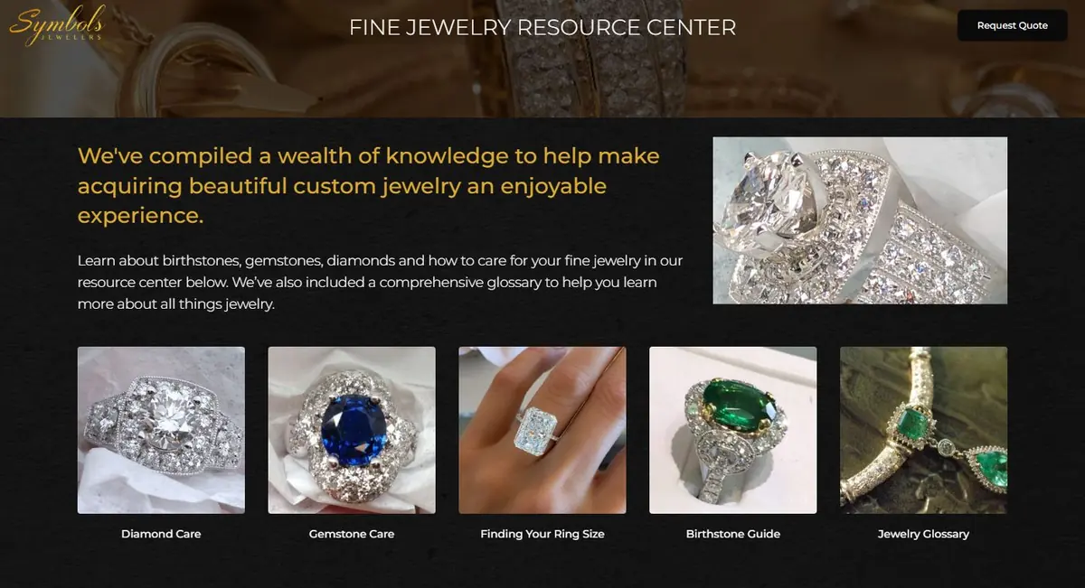 Fine Jewelry Resource Center page with tiles for Diamond Care, Gemstone Care, Finding Your Ring Size, Birthstone Guide and Jewelry Glossary