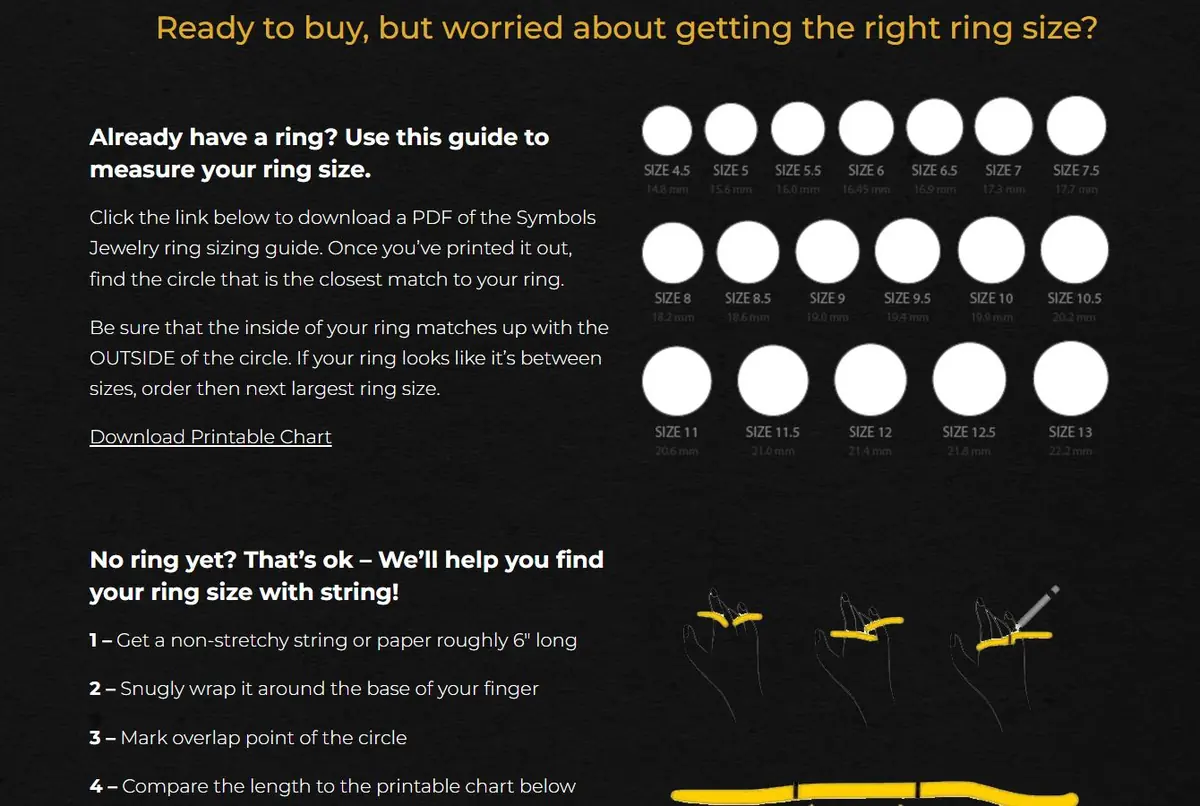 Finding Your Ring Size page with ring size circles, a printable chart link and string measuring steps