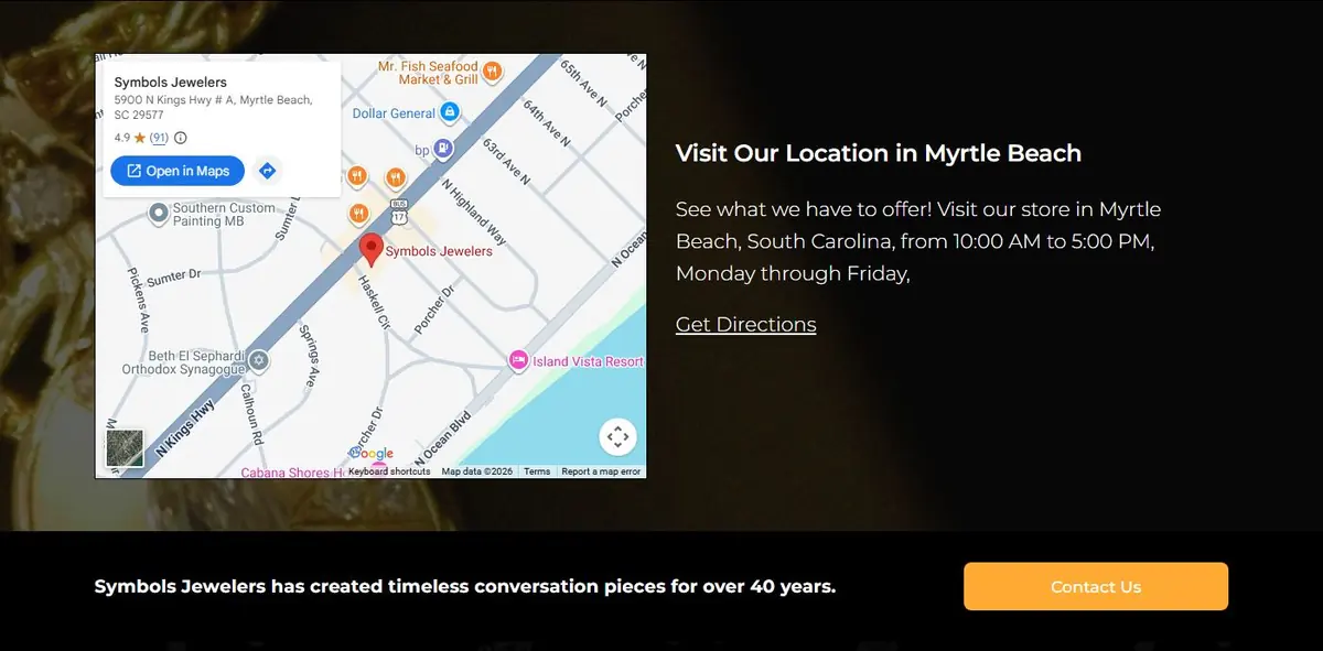Visit Our Location in Myrtle Beach section with an embedded Google Map, store hours, Get Directions link and Contact Us banner