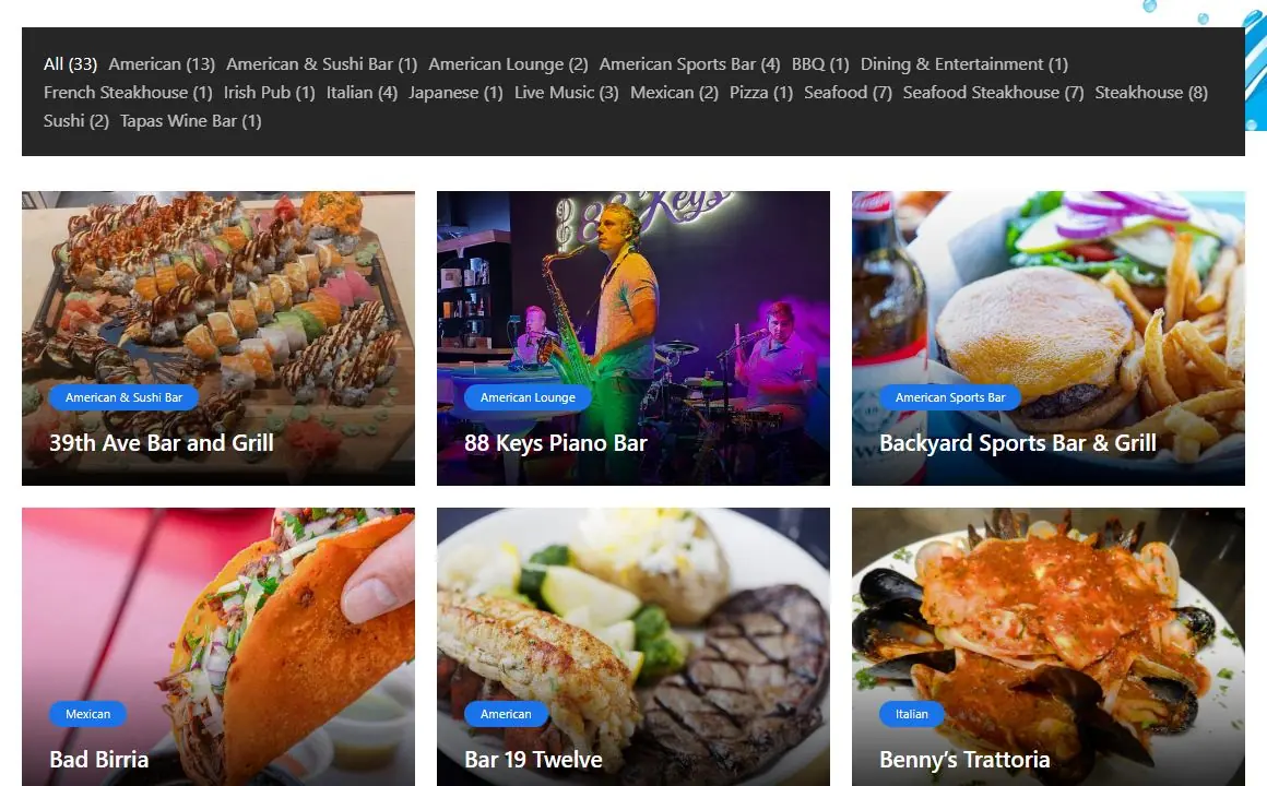Category filter bar showing All (33), American, Seafood, Steakhouse, Sushi, Live Music and more above a grid of restaurant photo cards
