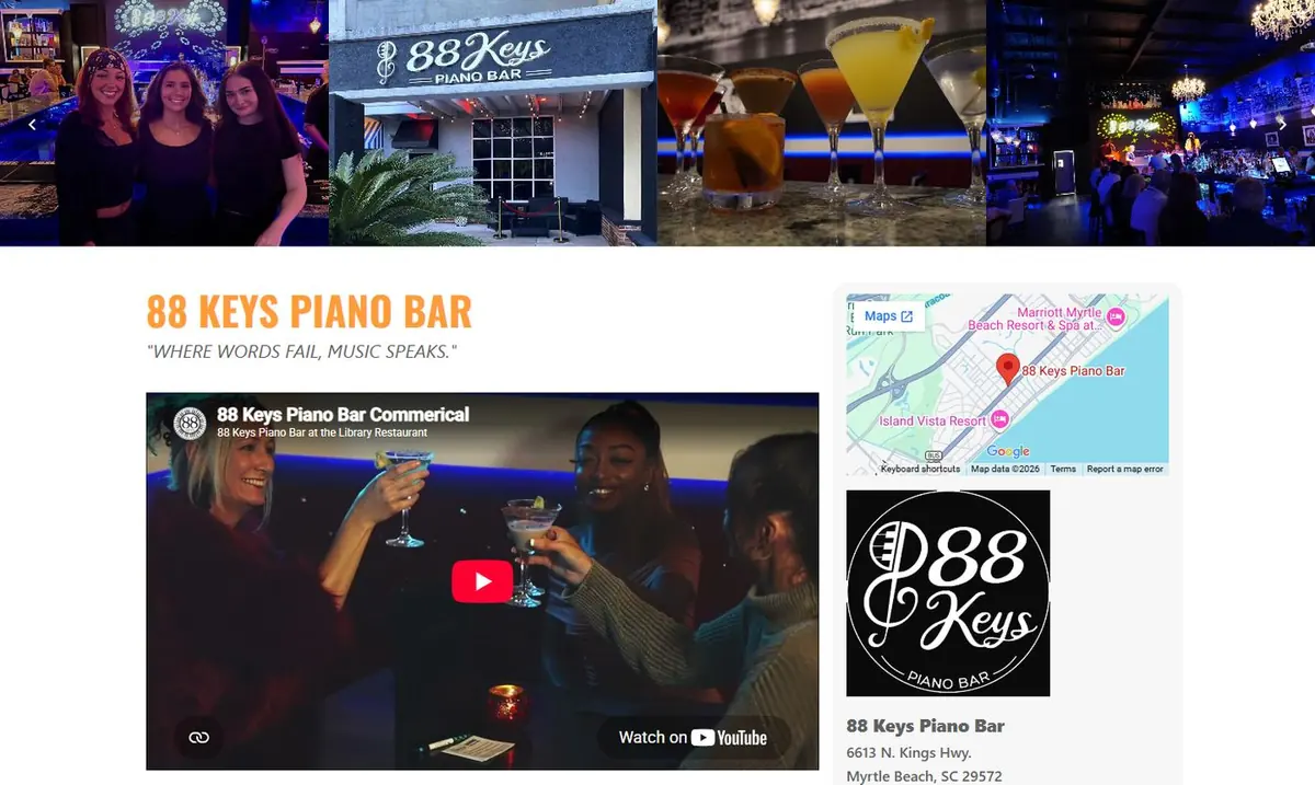 88 Keys Piano Bar listing page with a photo carousel, an embedded YouTube commercial, a map and the venue logo