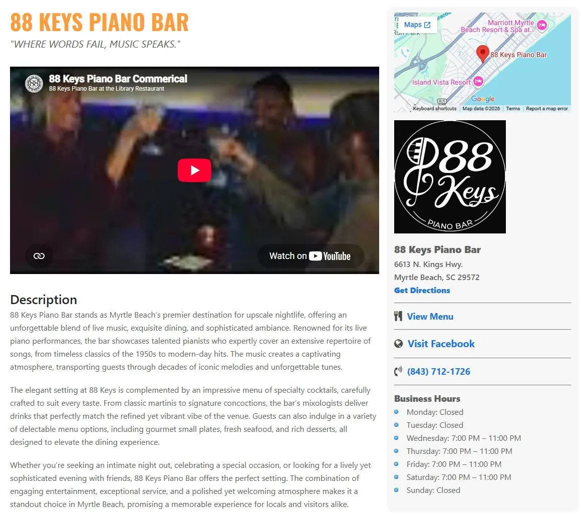 Venue page with a YouTube video and description beside a sidebar holding a map, address, directions, menu and Facebook links, phone number and business hours