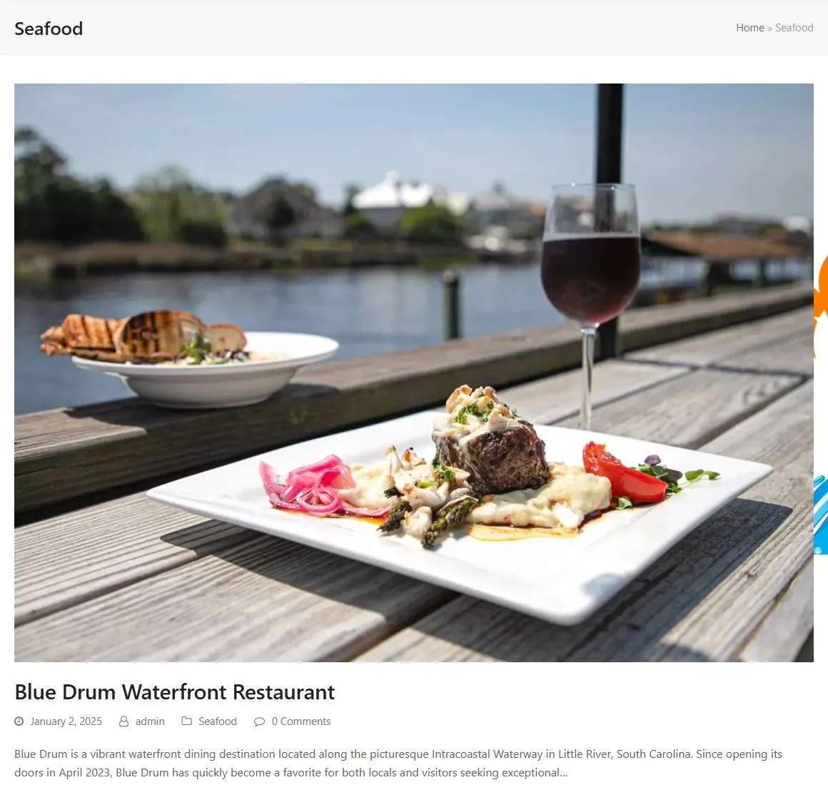 Seafood category page with breadcrumb navigation and a large photo of Blue Drum Waterfront Restaurant above its summary