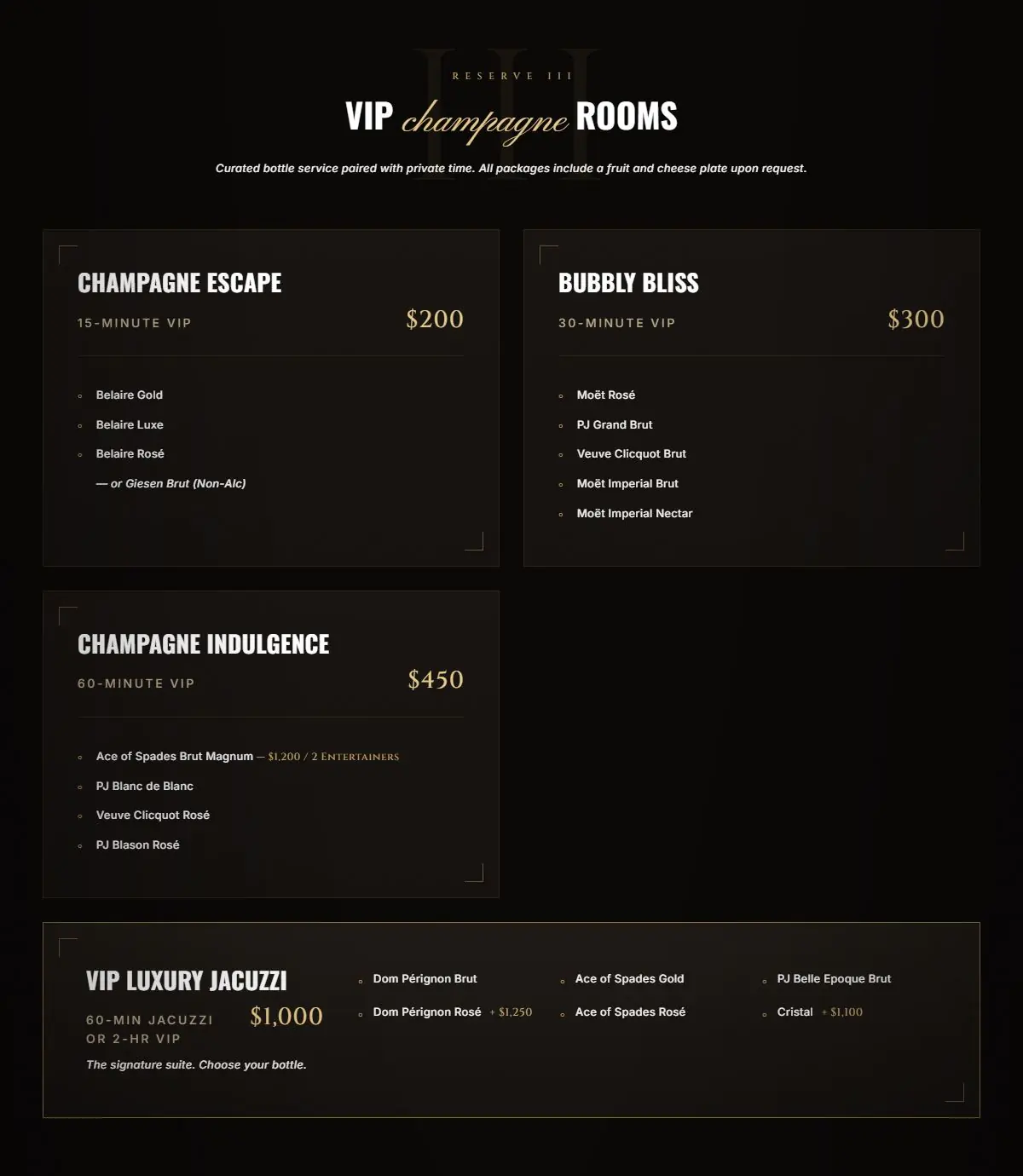 VIP Champagne Rooms section listing package names, VIP time, prices and bottle choices