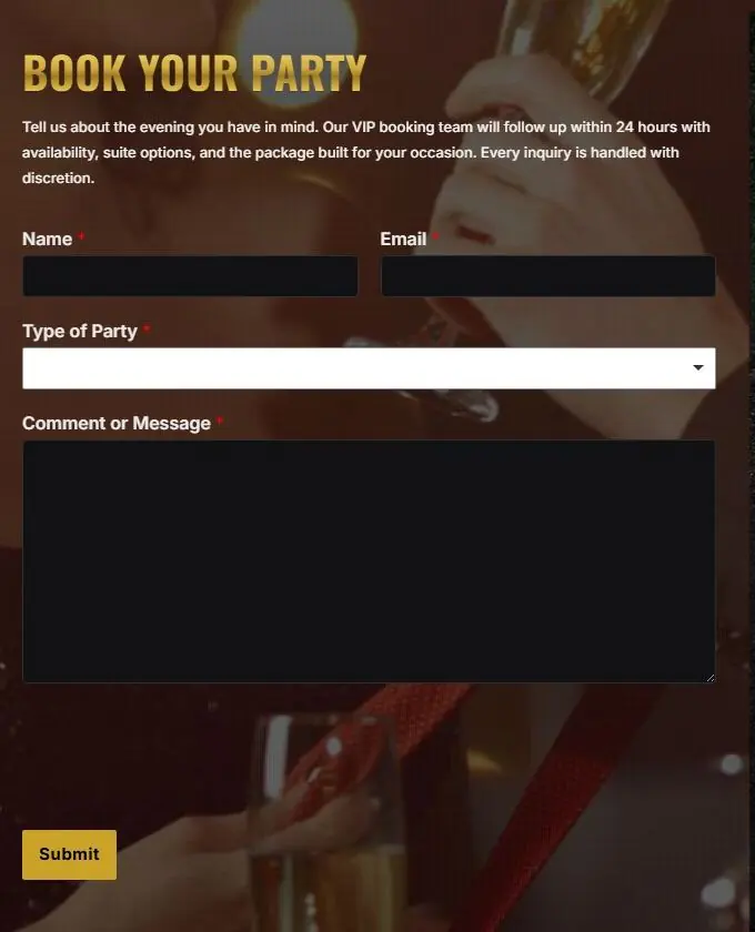 Book Your Party form with name, email, party type and message fields