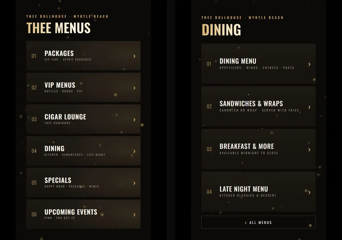 Thee Menus kiosk app home screen and its Dining menu screen, side by side