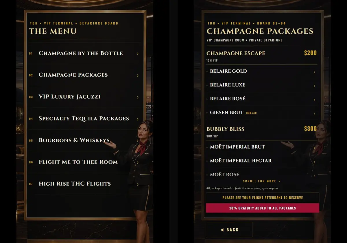VIP Terminal tablet app showing the menu board and the Champagne Packages screen