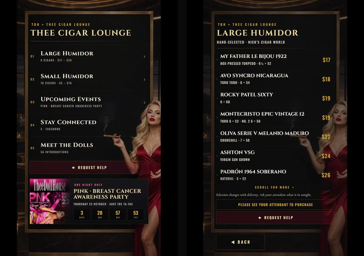 Cigar Lounge tablet app showing the lounge menu with event countdown and the Large Humidor list
