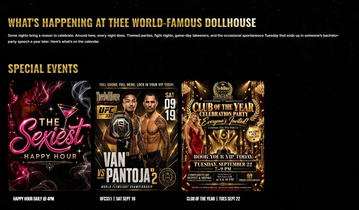 What's Happening section showing special event posters for happy hour, a UFC night and the Club of the Year party