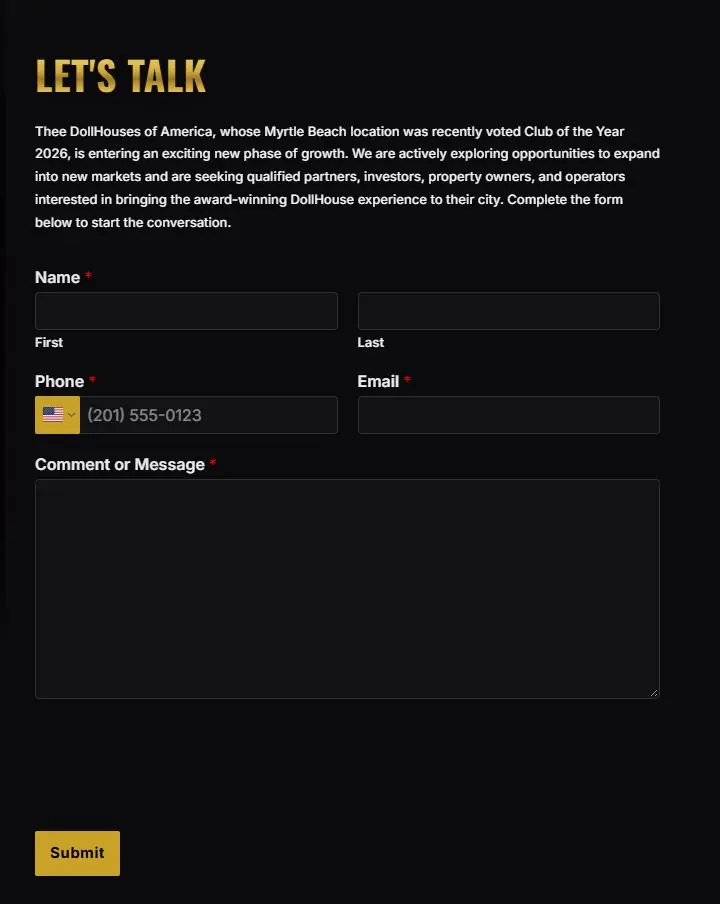 'Let's Talk' section describing the expansion above a form with name, phone with country picker, email and message fields