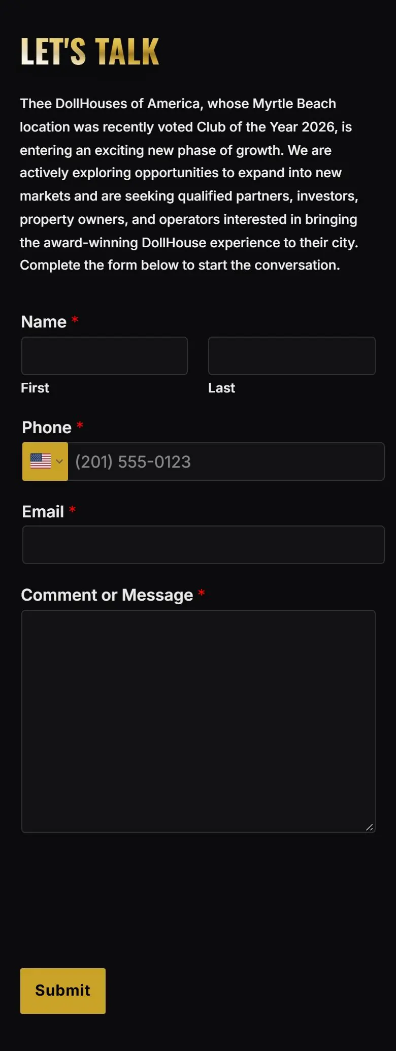 Mobile view of the Let's Talk section with the expansion message and a single-column inquiry form