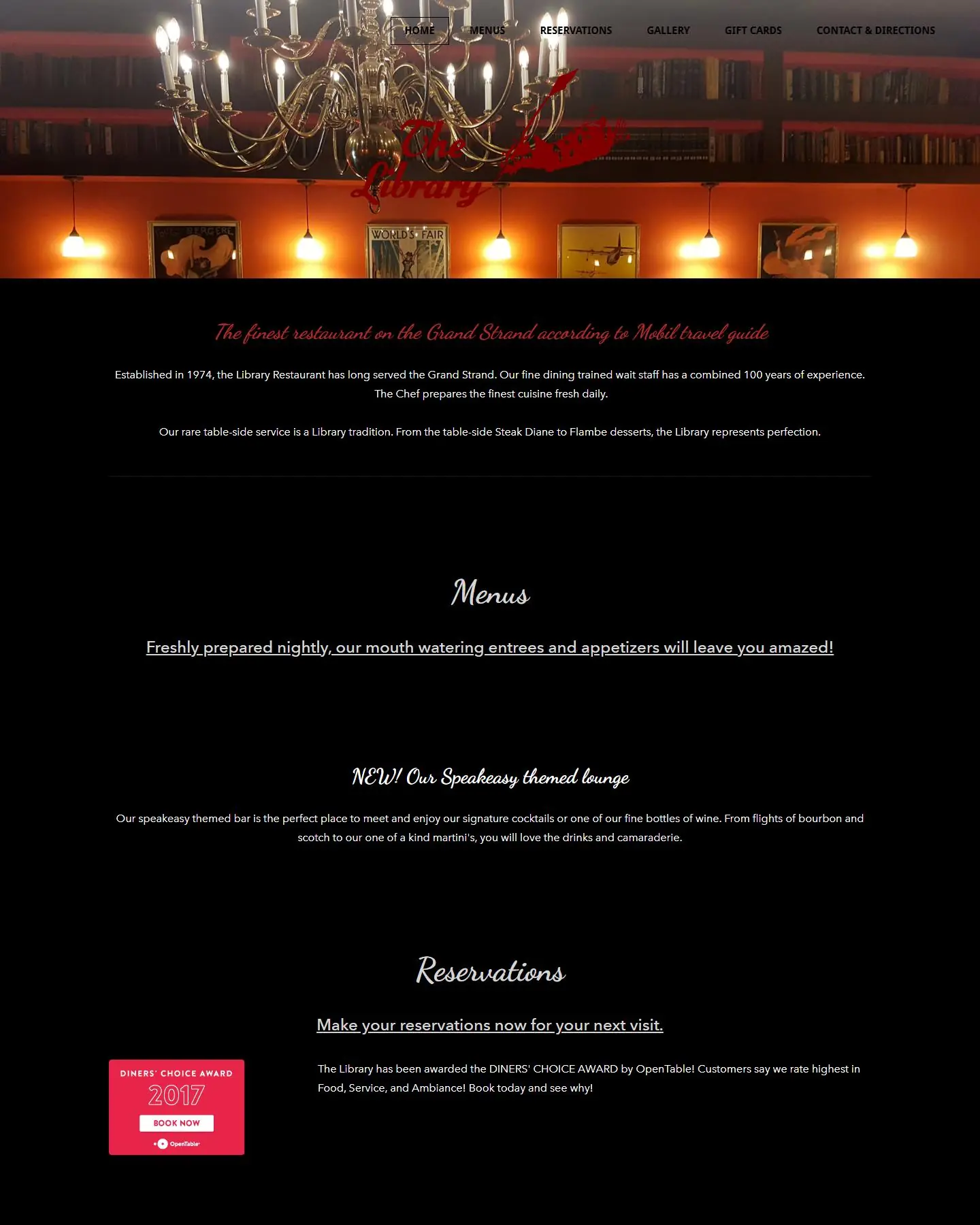 The Library Restaurant website before the rebuild