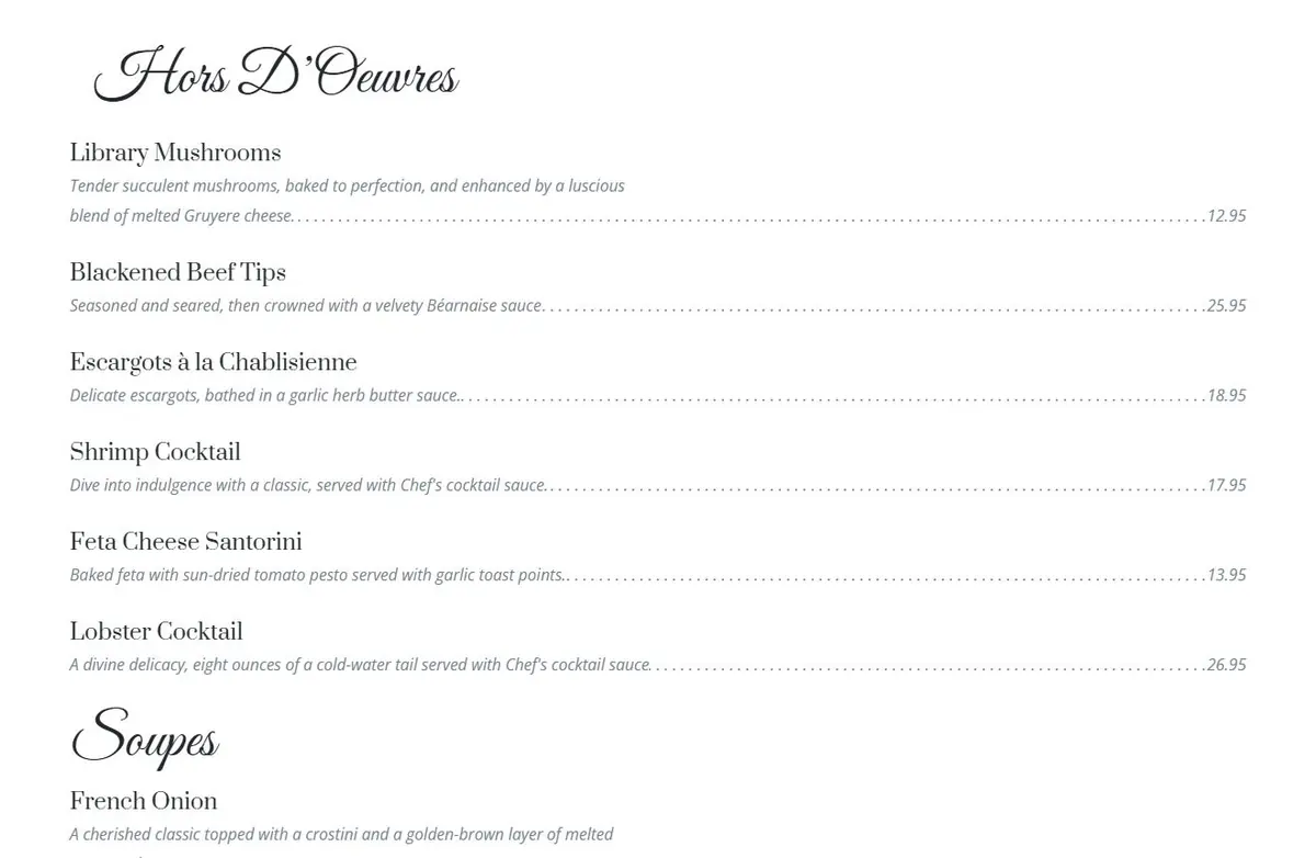 The Library's online menu showing the Hors D'Oeuvres section with dish names, descriptions and prices