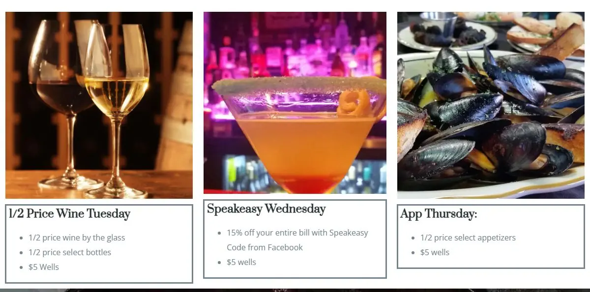 Happy Hour page with photo cards for 1/2 Price Wine Tuesday, Speakeasy Wednesday and App Thursday