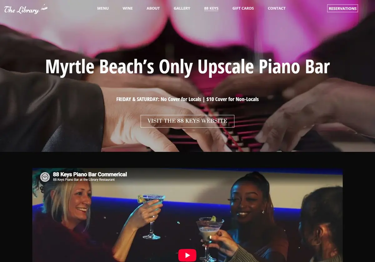 88 Keys Piano Bar page with a 'Myrtle Beach's Only Upscale Piano Bar' hero and an embedded video