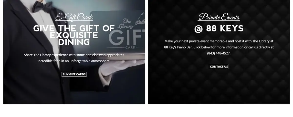 Homepage tiles for E-Gift Cards with a Buy Gift Cards button and Private Events at 88 Keys with a Contact Us button