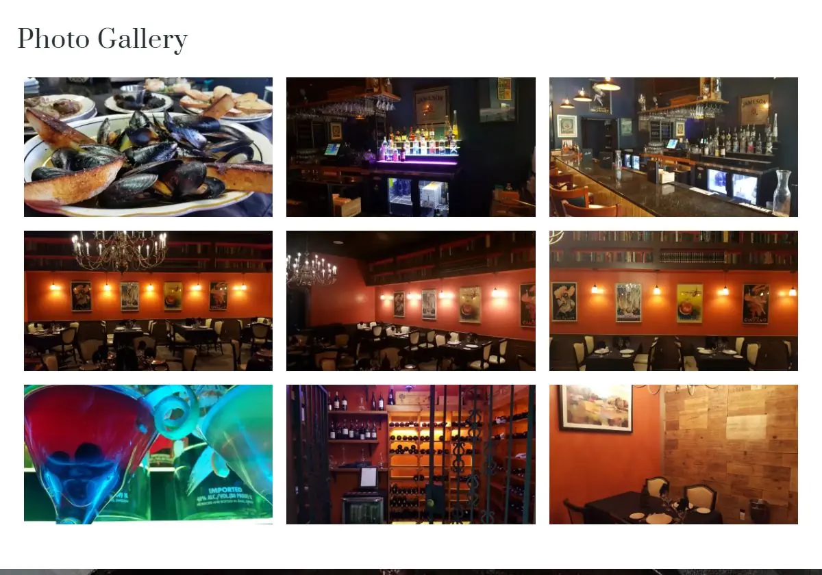Photo gallery grid showing The Library's dishes, bar and dining room