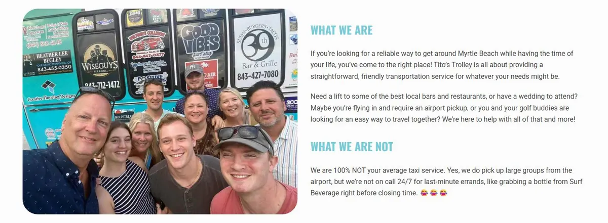 Tito's Trolley homepage with group photos beside What We Are and What We Are Not sections