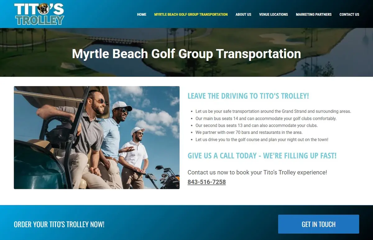 Myrtle Beach Golf Group Transportation page with a photo of golfers, service details and a call-to-book prompt