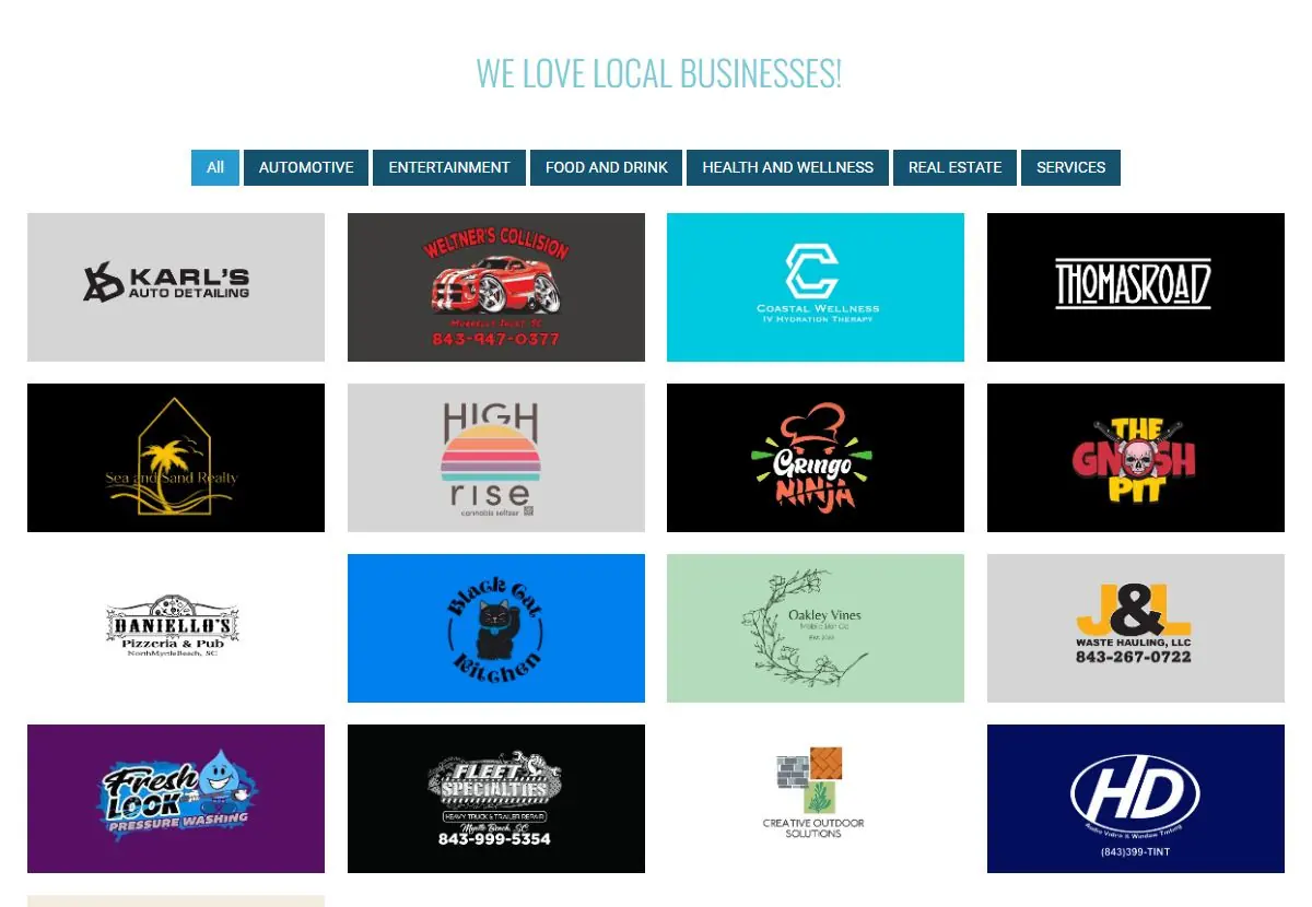 Local Marketing Partners page with category filter buttons and a grid of partner business logos
