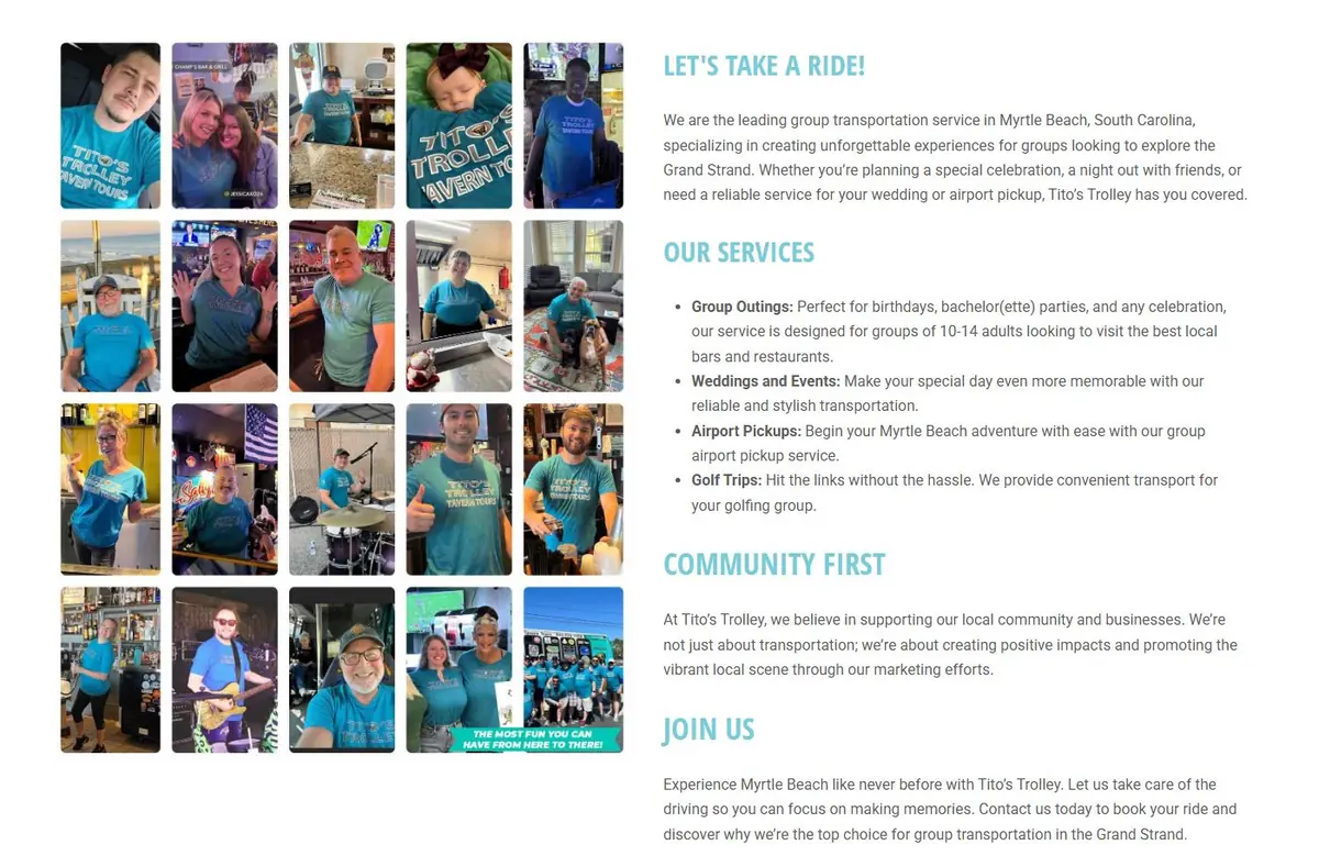 About Tito's Trolley page with a grid of rider photos next to Our Services, Community First and Join Us sections