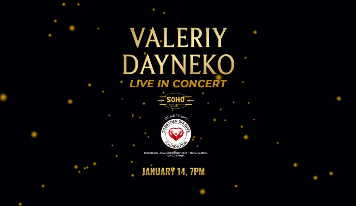 Concert hero with gold 'Valeriy Dayneko Live in Concert' lettering, SoHo and Together We Give Foundation logos and 'January 14, 7PM' over animated gold particles