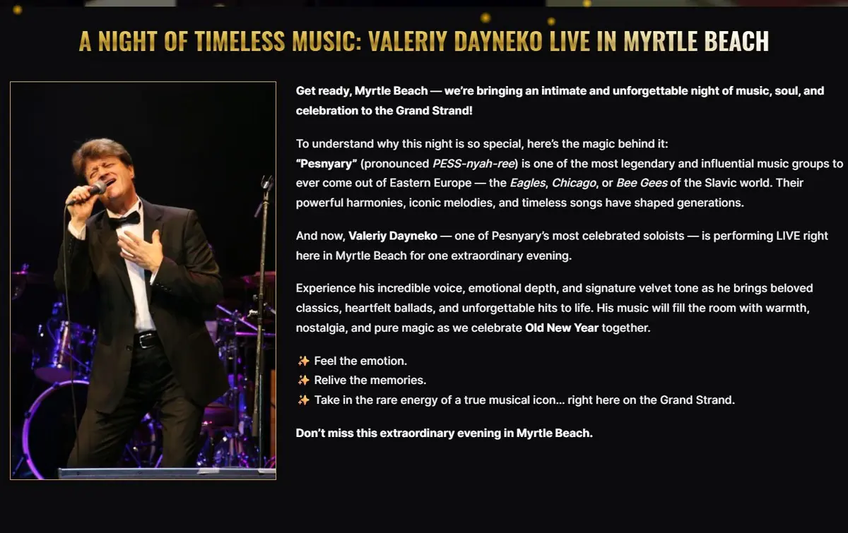 'A Night of Timeless Music' section with a photo of Valeriy Dayneko singing beside the event description