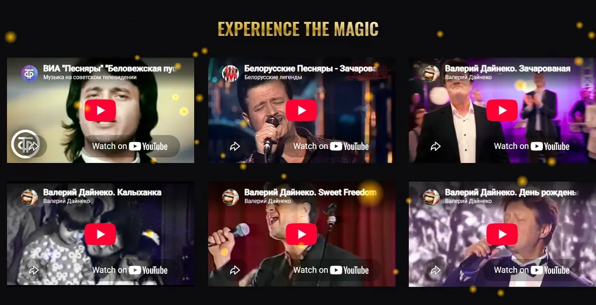 'Experience the Magic' grid of six embedded YouTube performance videos
