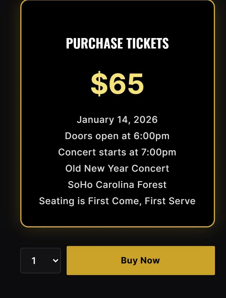 Mobile view of the Purchase Tickets box with event details, a quantity picker and a large Buy Now button